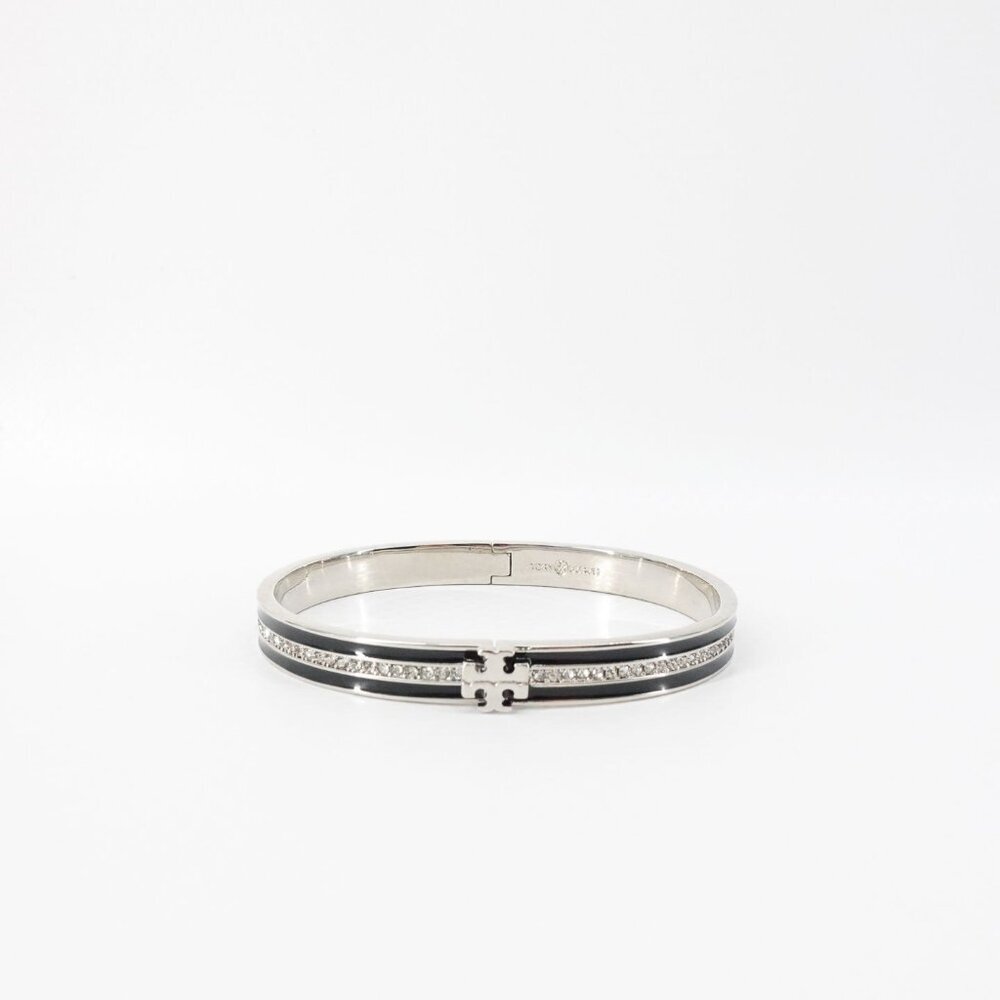 Tory Burch Kira Pave Enamel Hinge Bracelet Black/ Silver OS - Picture 9 of 14